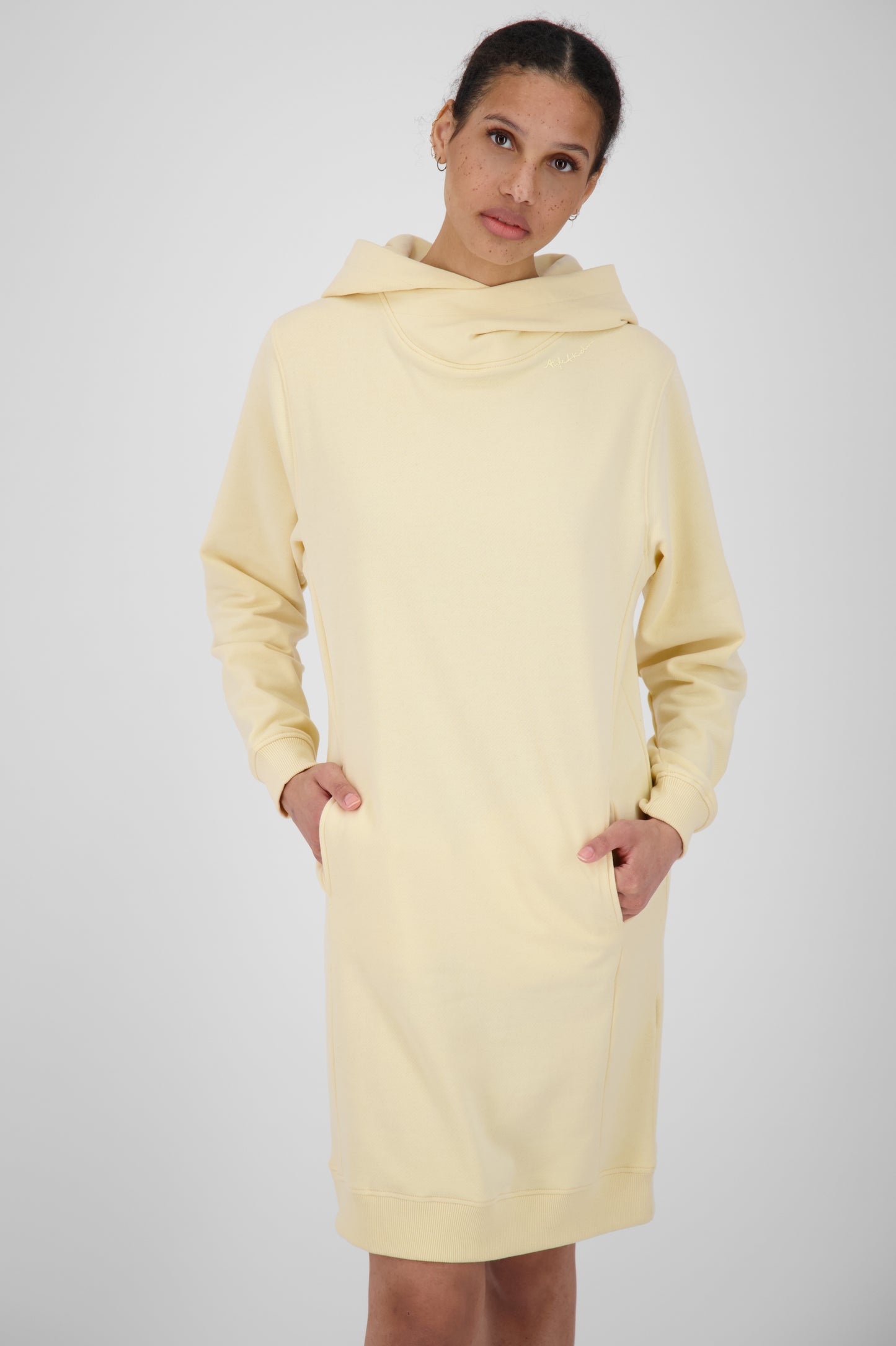 Damen Sweatkleid JiliaAK A - Leger geschnitten und mit Kängurutasche Gelb