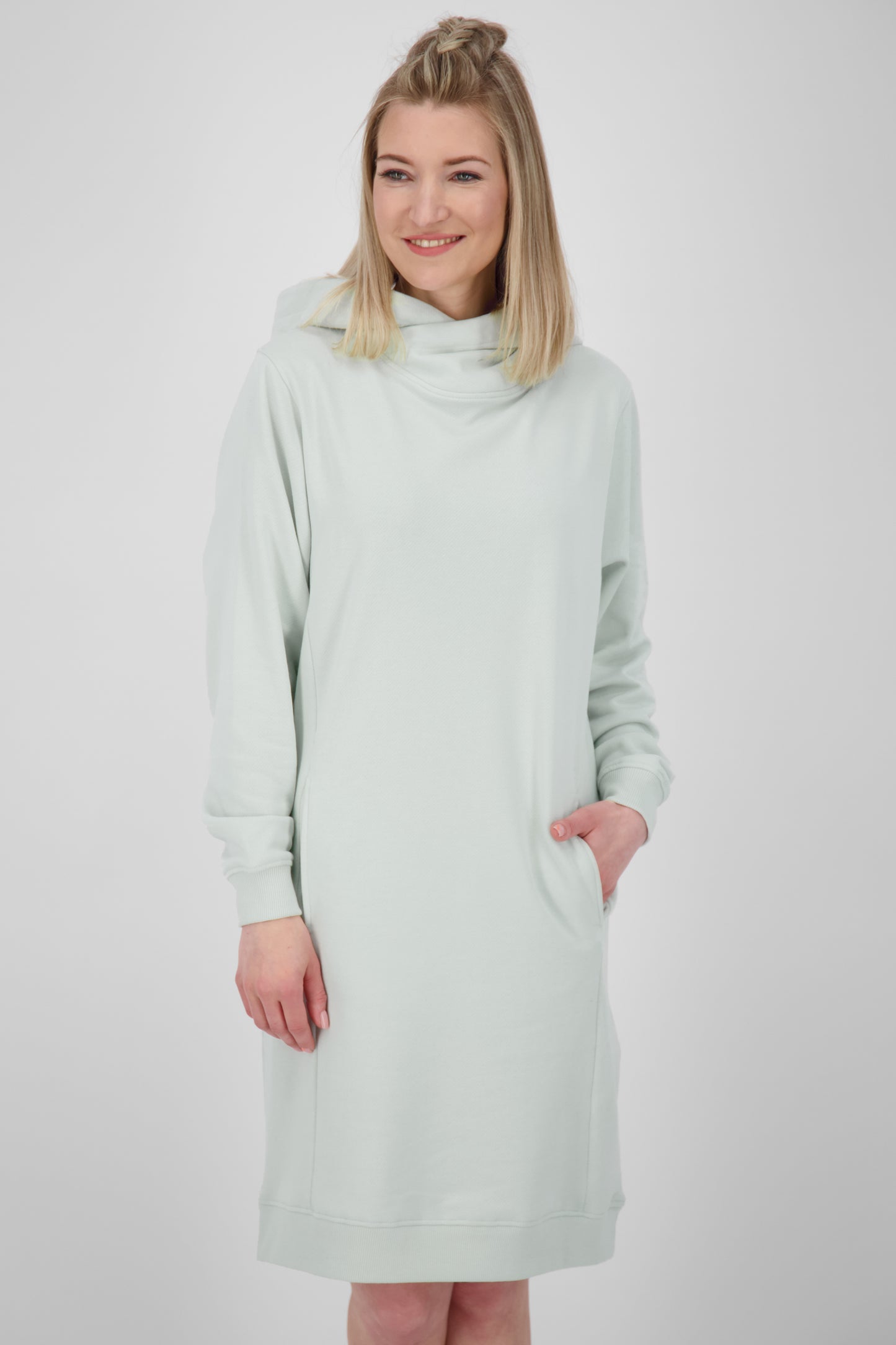 Damen Sweatkleid JiliaAK A - Leger geschnitten und mit Kängurutasche Hellgrün