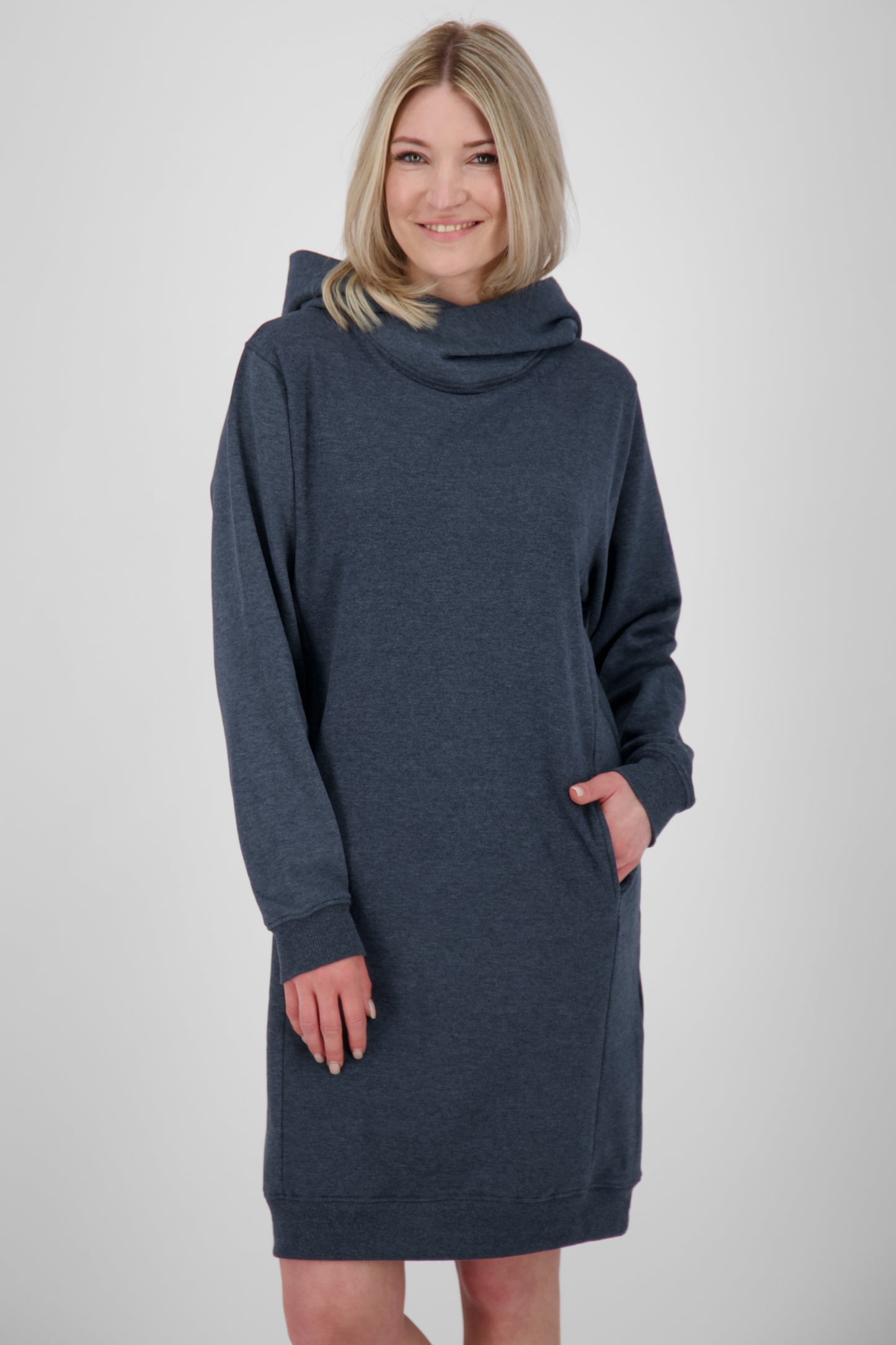 Damen Sweatkleid JiliaAK A - Leger geschnitten und mit Kängurutasche Dunkelblau