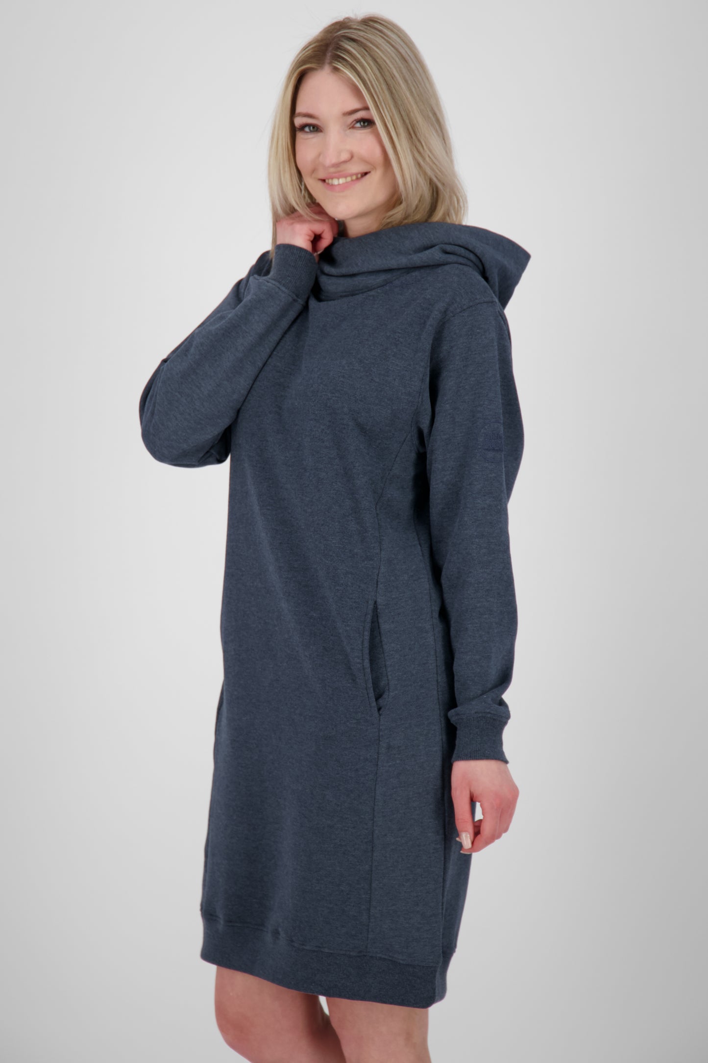 Damen Sweatkleid JiliaAK A - Leger geschnitten und mit Kängurutasche Dunkelblau