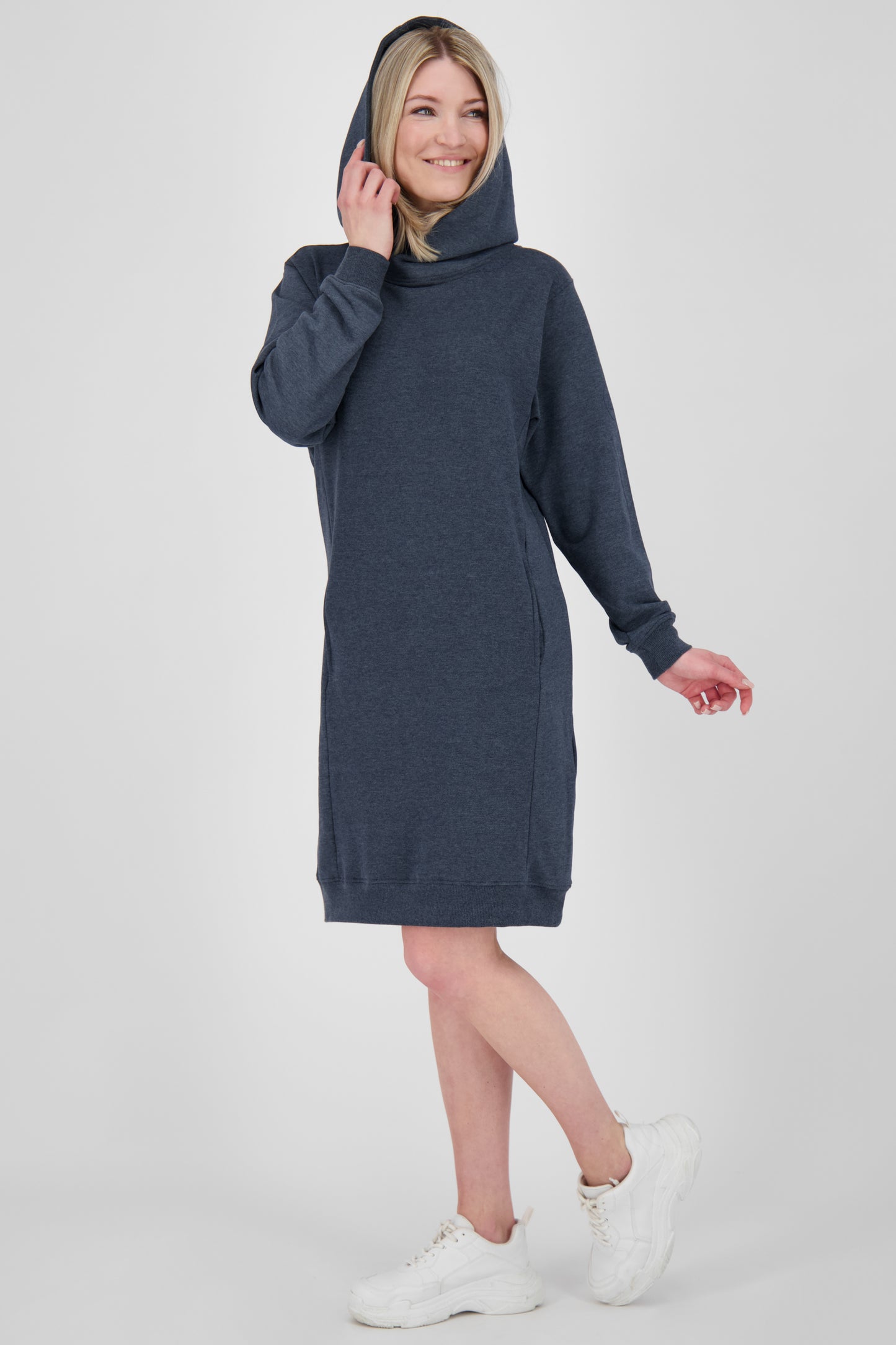 Damen Sweatkleid JiliaAK A - Leger geschnitten und mit Kängurutasche Dunkelblau