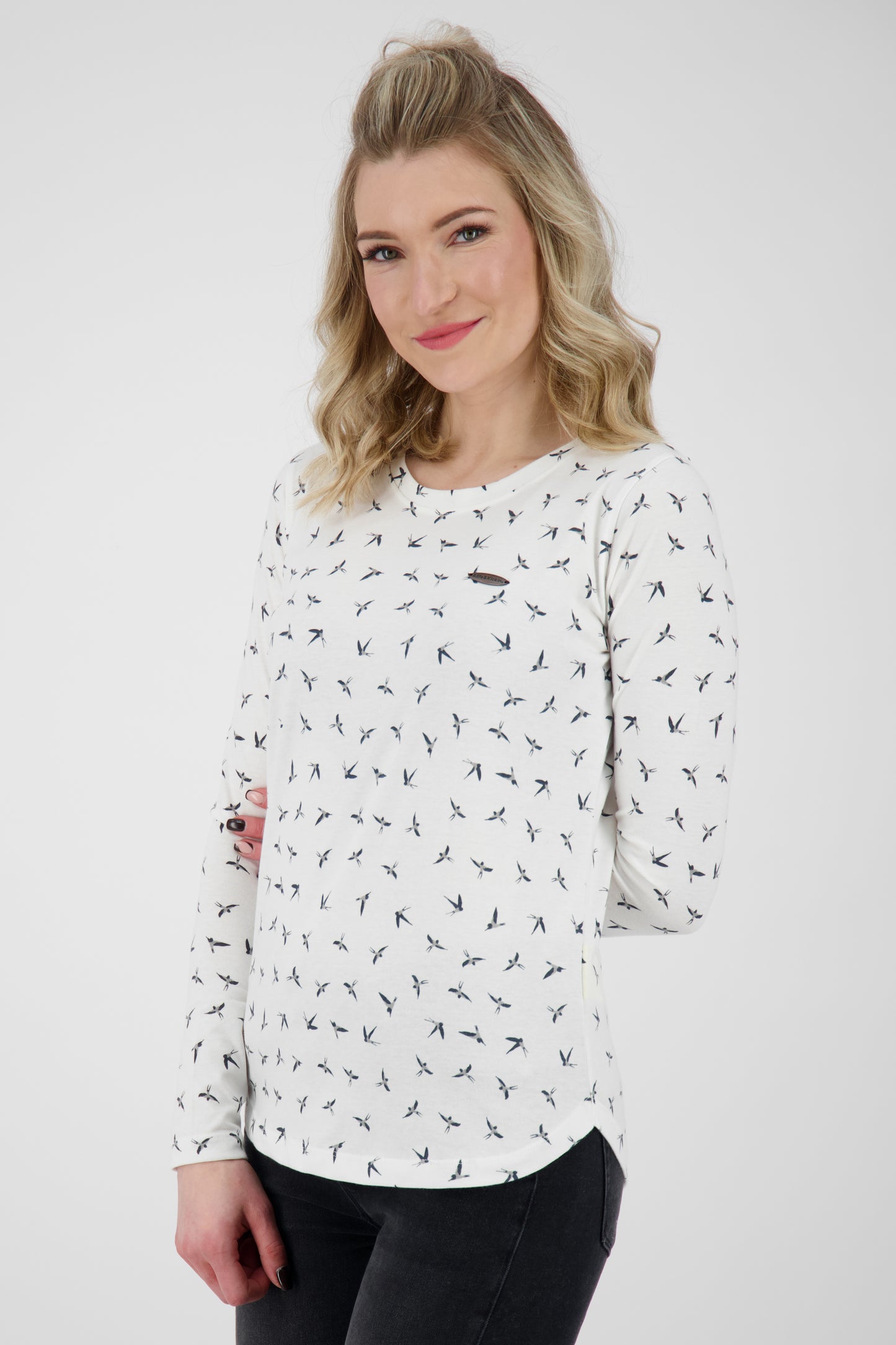 Dezent geschnittenes Damen Longsleeve mit Muster Weiß