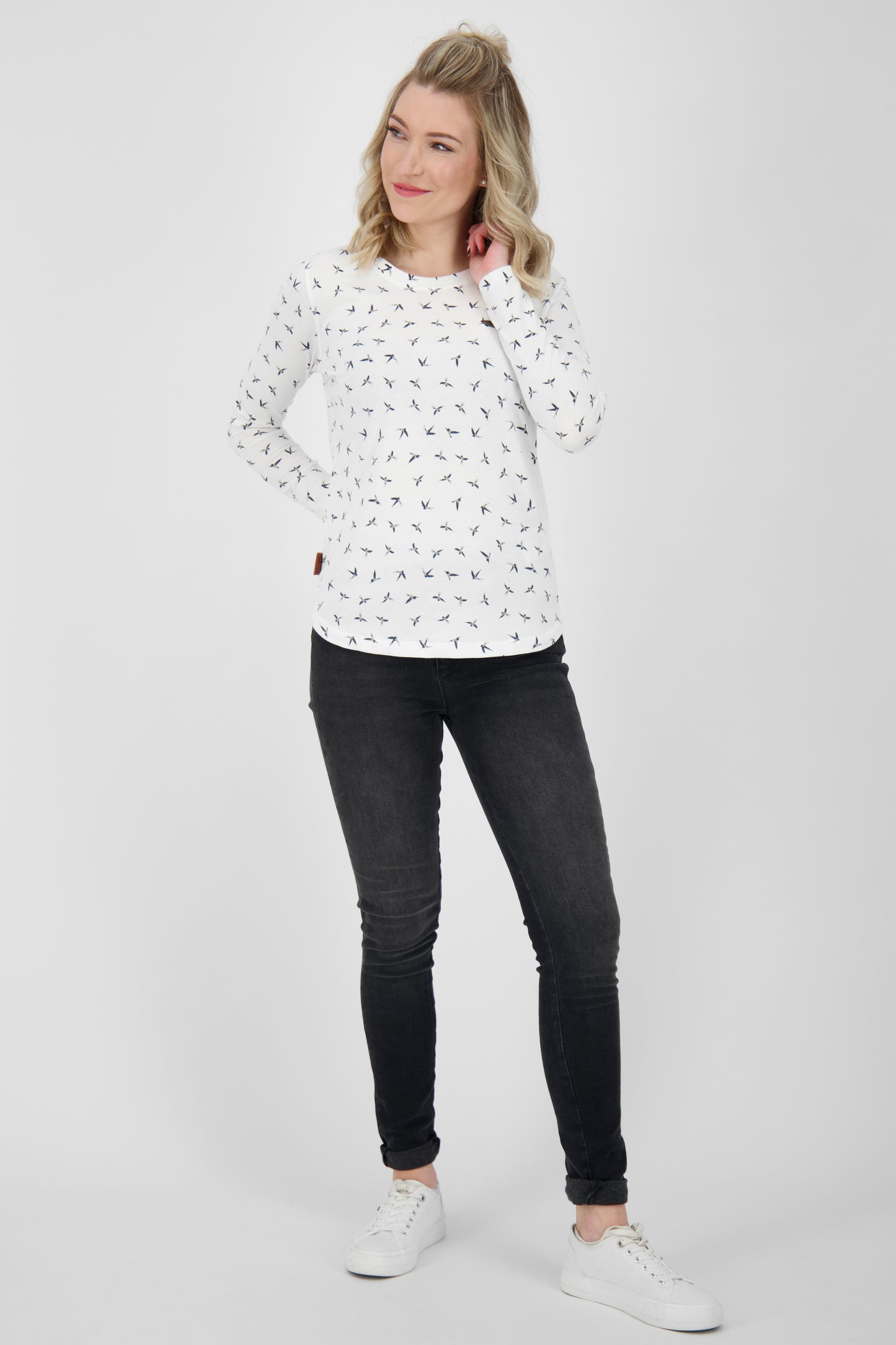 Dezent geschnittenes Damen Longsleeve mit Muster Weiß