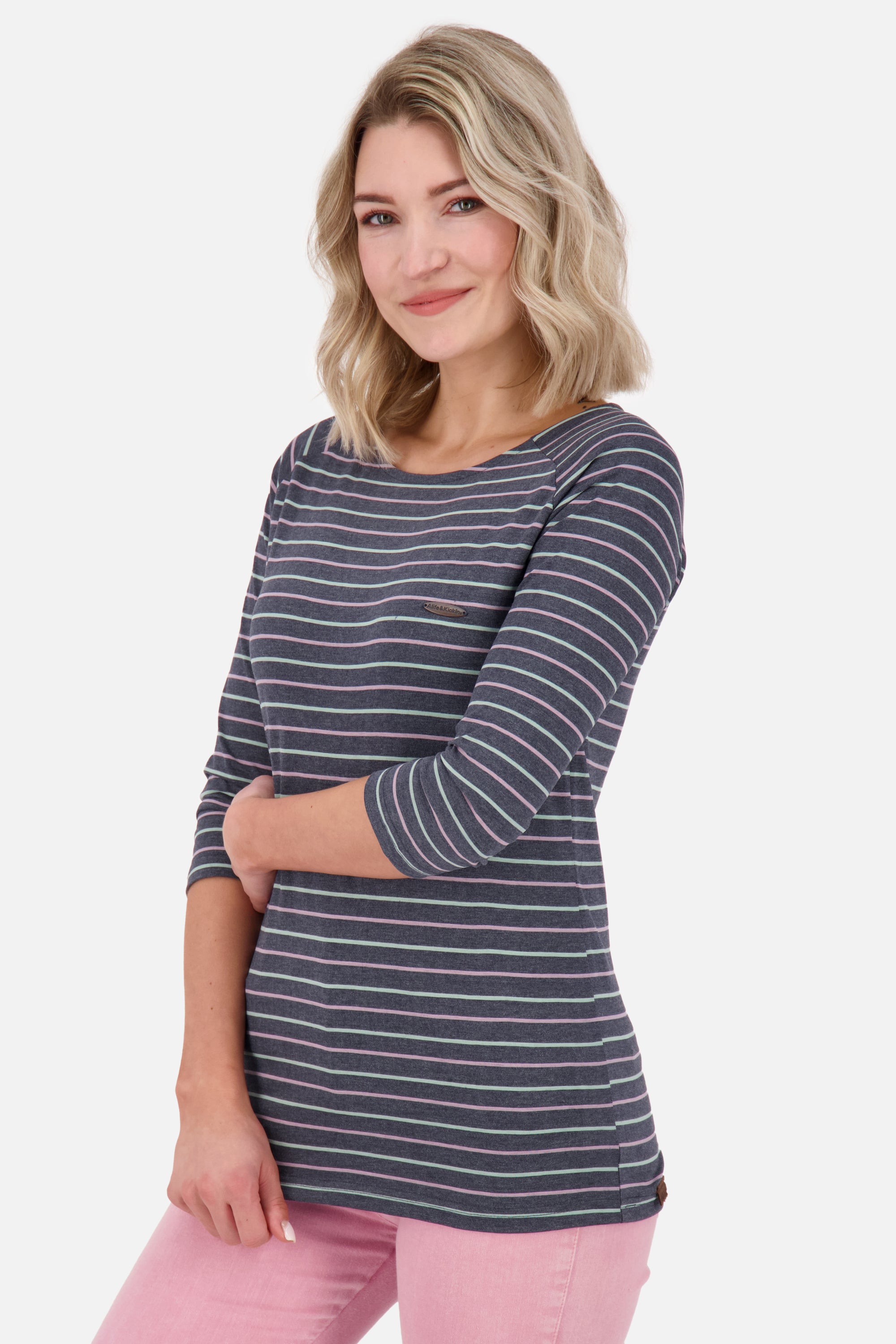 Streifenliebe - VickyAK Z Damen Langarmshirt in trendigem Design Dunkelblau