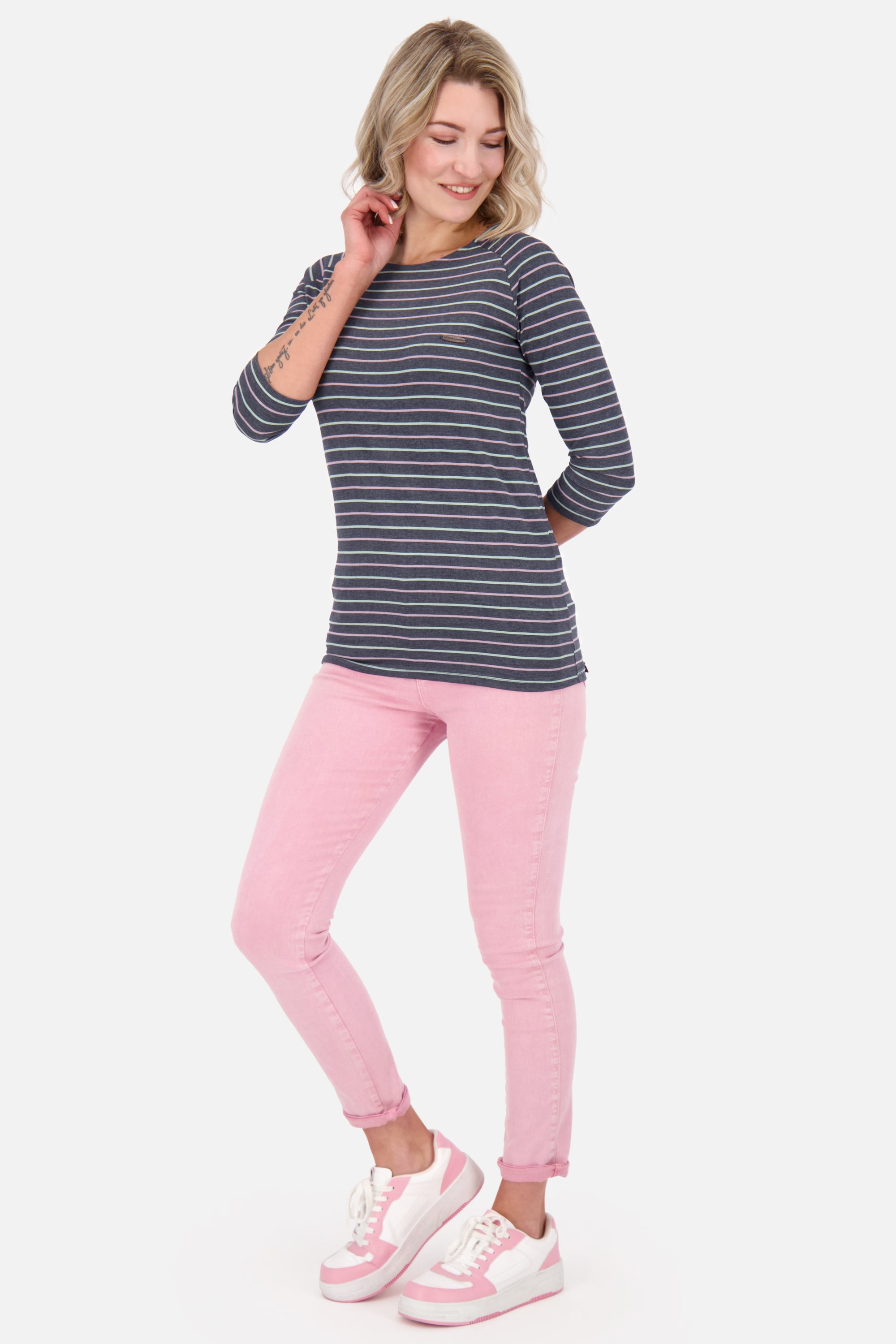 Streifenliebe - VickyAK Z Damen Langarmshirt in trendigem Design Dunkelblau